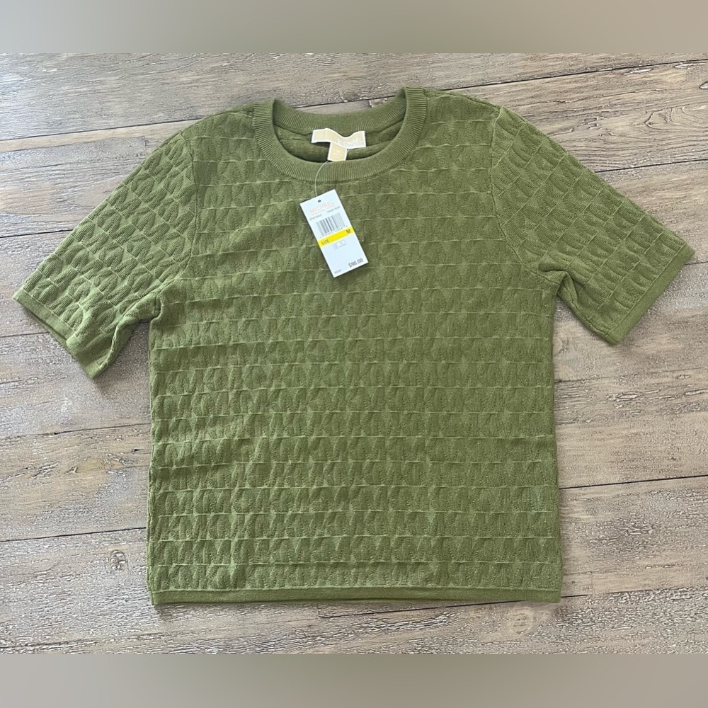 Michael Kors Smokey Olive Short Sleeve Medium MK Logo Jacquard Knit Sweater Top